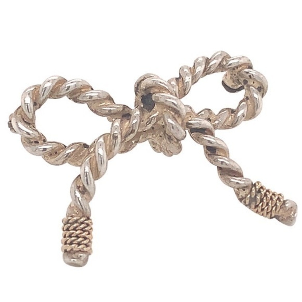 TIFFANY & CO. Sterling Silver 925 & 18K Gold Rope Ribbon Bow Brooch Pin (1772G)